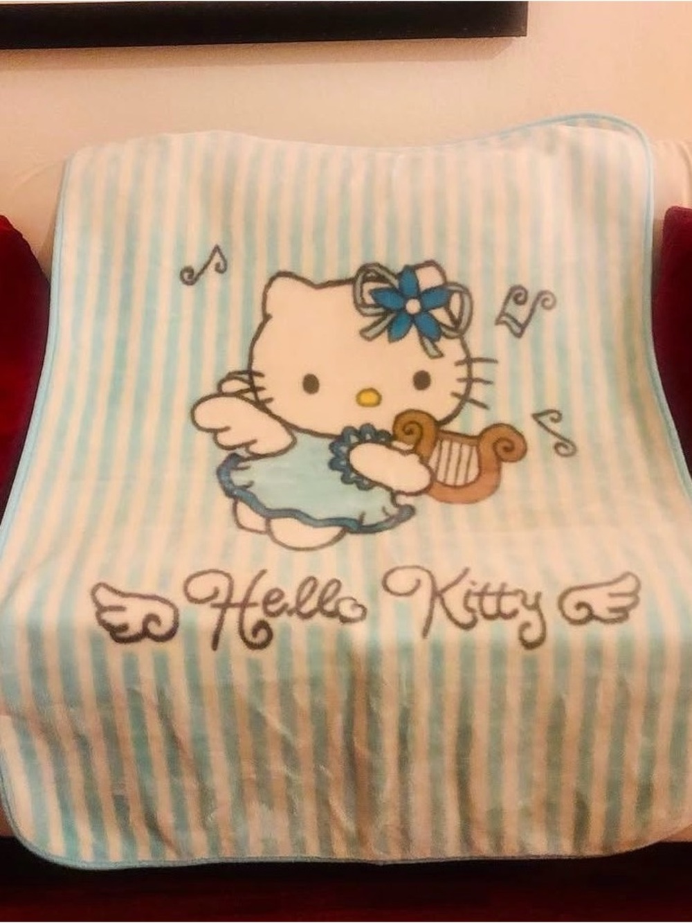 Hello Kitty Light Blue and White Striped Plush Blanket with Bow and Harp Motif